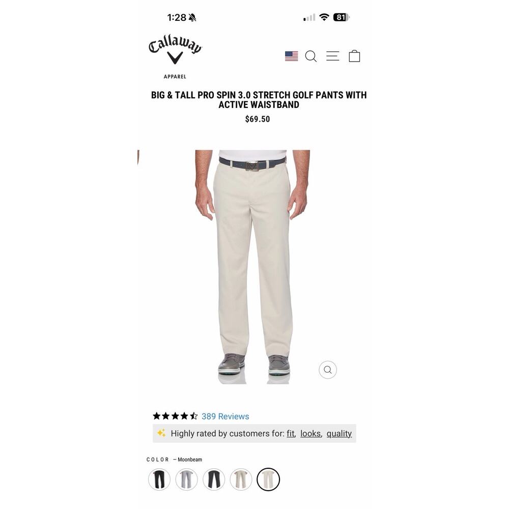 NWT Callaway Men's Big & Tall Golf Pants, Size 40x36